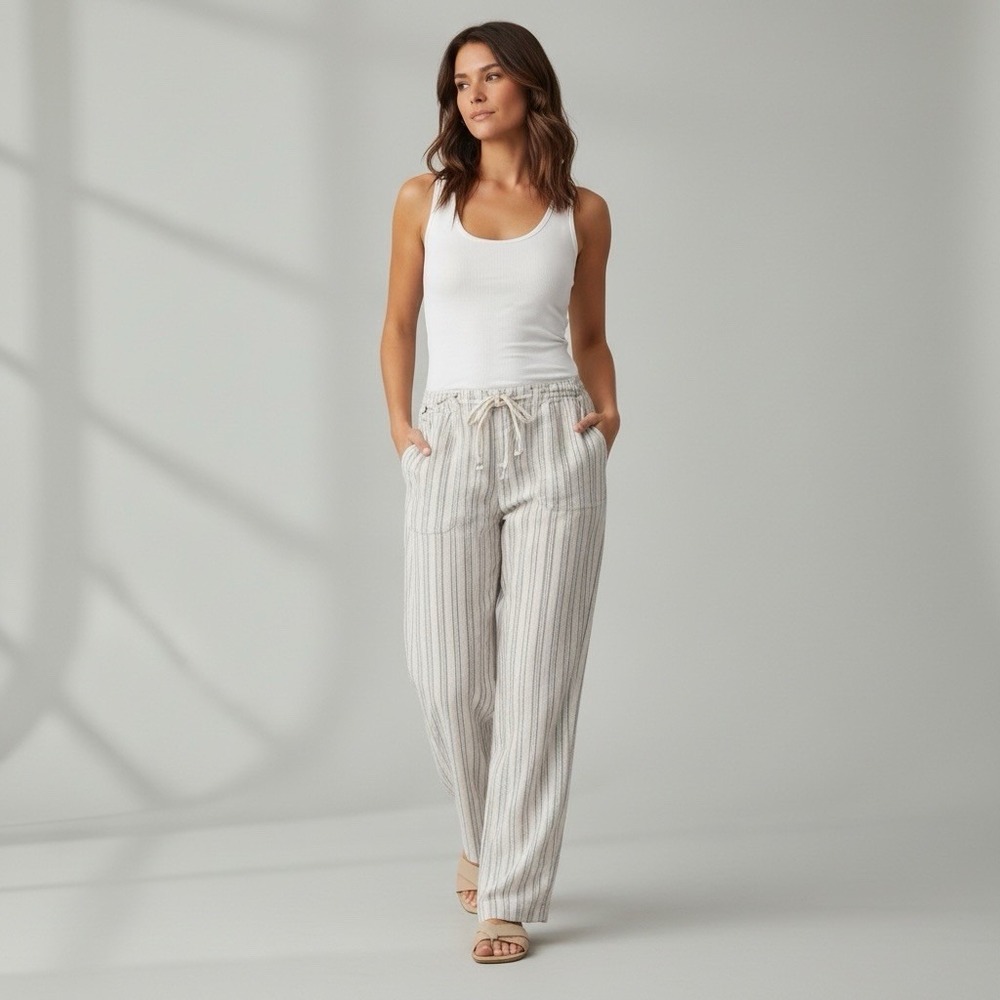 By Anthropologie Womens White Seashore Striped Linen Blend Pants Lagenlook Large